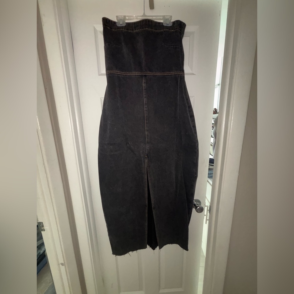 Beginning Boutique Black Washed Denim Dress with Contrast Stitching